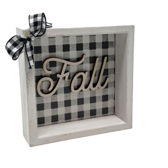Mini Fall Buffalo Plaid Wood Sign Farmhouse Decor Black White Gingham Bow Autumn - Picture 2 of 8